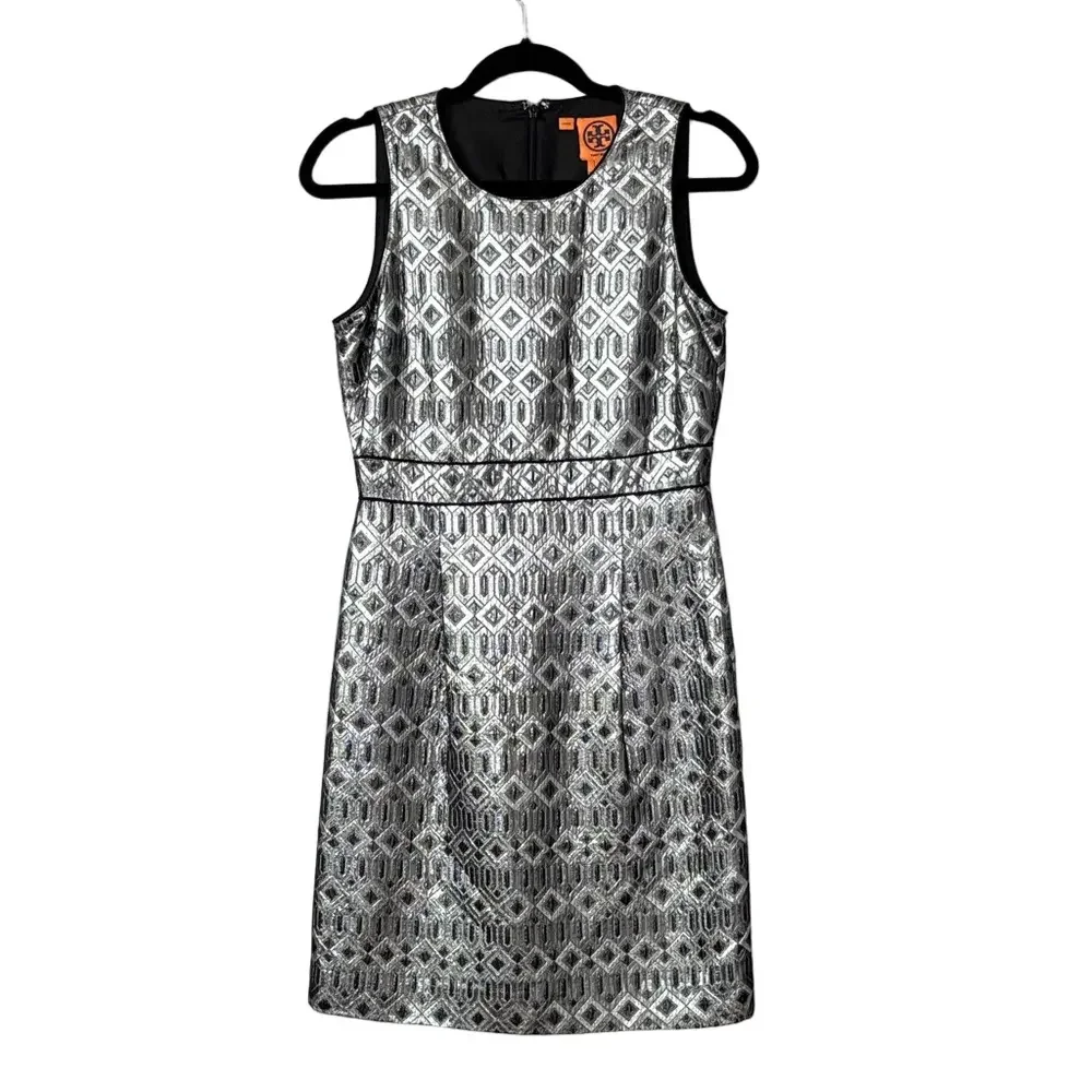 Tory Burch Ryanne Metallic Sheath Dress Size 4 Silver Black Pencil